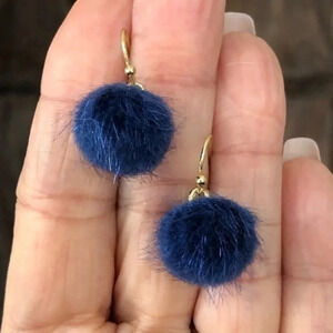 Navy Blue Fuzzy Furry Pom Pom Drop Earrings NWT